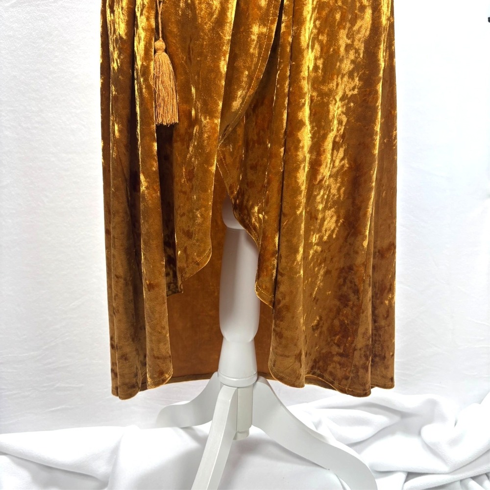 Boho Festival Crushed Velvet Mini Dress Gold Plunge Neck Tassel Flutter Sleeve L - Picture 4 of 9